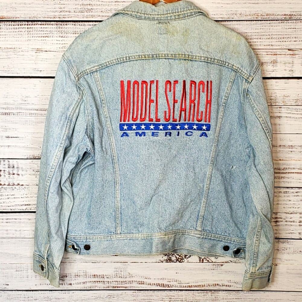 Vintage Model Search America jean jacket, on Lee jean jacket. Embroidered. SZ L.
